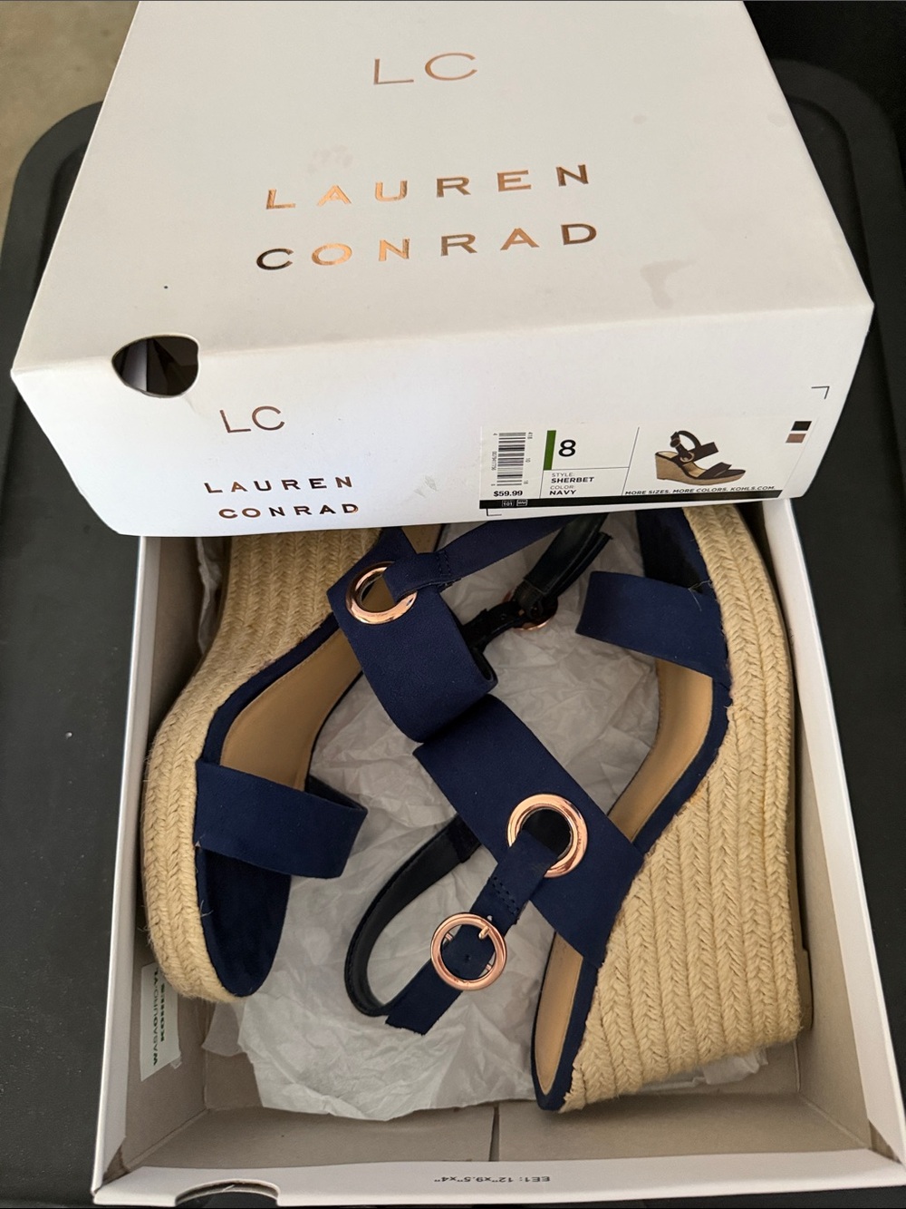 LC Lauren Conrad Navy Wedge Espadrille Sandals with Rose Gold Rings